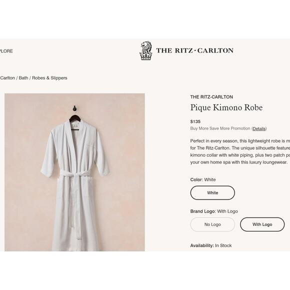 Ritz-Carlton Hotel Cotton Waffle Knit Bath Robe White One Size Luxury Gift Set - Picture 3 of 16